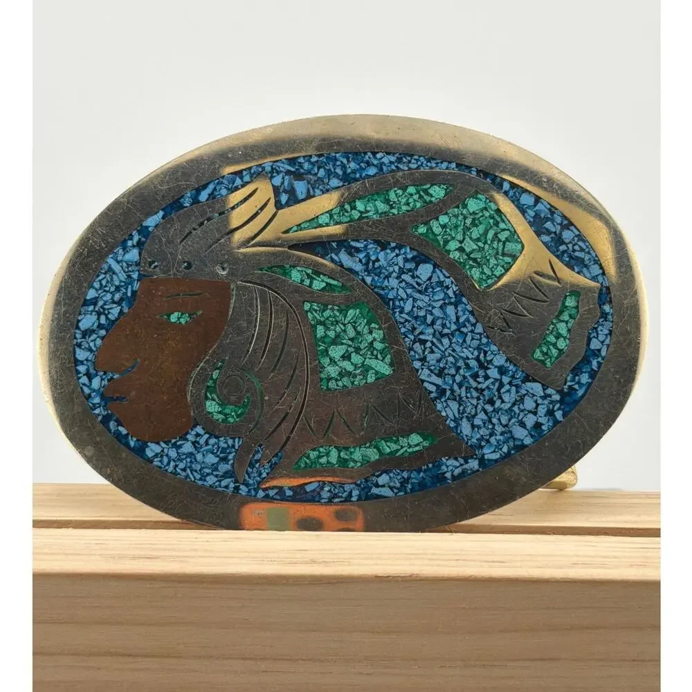 Vintage Southwestern Style Mosaic Turquoise and Stone Indian Chief Belt Buckle